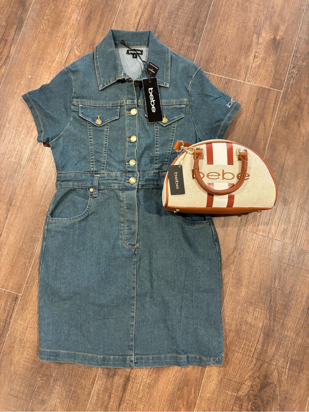 NWT BEBE Denim Mini Dress Rhinestone Logo W/ Crossbody Purse NWT Bundle Size S